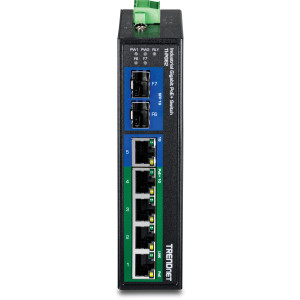 TRENDnet TI-PG62 7-Port Gigabit Ethernet Switch, 4 Gigabit PoE+, 1 Gigabit, & 2 SFP slots, 14 Gbps switching capacity, DIN-rail/wall mount